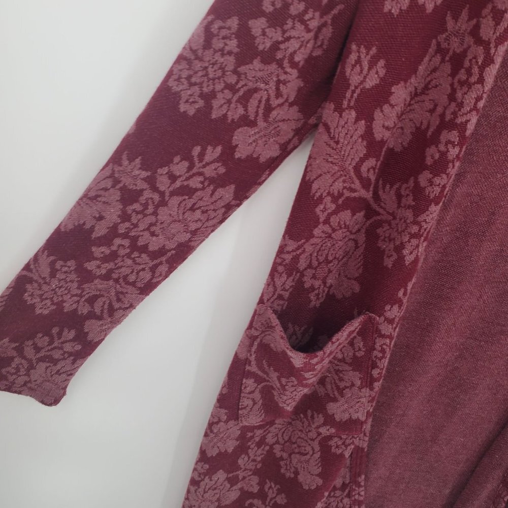 Knox Rose Womens Open Front Floral Duster Cardigan Sweater Size S Maroon Pockets - Picture 5 of 11